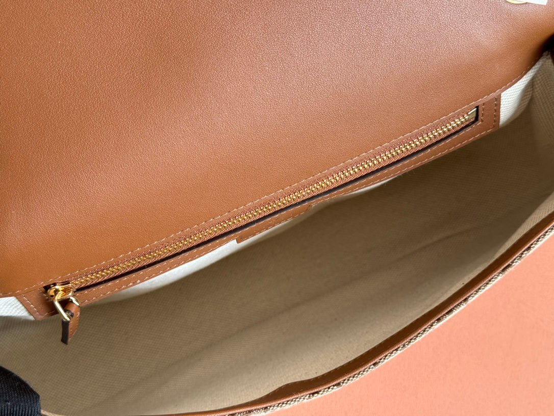 GUCCI BLONDIE LARGE TOP HANDLE BAG 32 IN BEIGE AND DARK BROWN CANVAS BROWN CALFSKIN