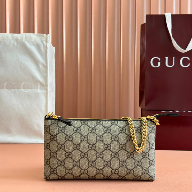 GUCCI RUBBER EFFECT SMALL WALLET ON CHAIN 22.5 IN BEIGE AND DARK BROWN  CALFSKIN