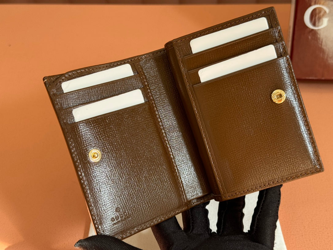 GUCCI HORSEBIT 1955 CARD CASE WALLET 11.5 IN BEIGE EBONY  CANVAS BROWN CALFSKIN