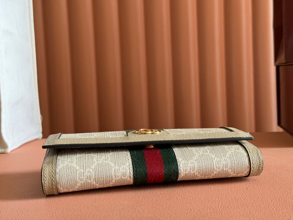 GUCCI OPHIDIA WALLET ON GOLD CHAIN 19 IN LIGHT BEIGE  CANVAS AND LIGHT BROWN CALFSKIN