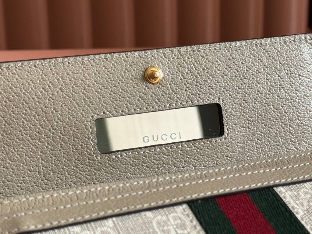 GUCCI OPHIDIA WALLET ON GOLD CHAIN 19 IN LIGHT BEIGE  CANVAS AND LIGHT BROWN CALFSKIN