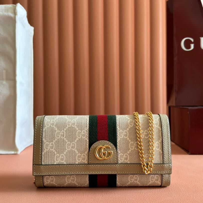 GUCCI OPHIDIA WALLET ON GOLD CHAIN 19 IN LIGHT BEIGE  CANVAS AND LIGHT BROWN CALFSKIN