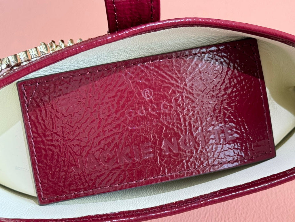 GUCCI JACKIE NOTTE MINI BAG 19 IN RED WINE CRACKED LACQUER CALFSKIN GOLD HARDWARE