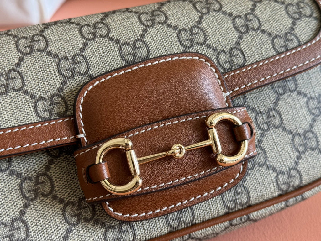 GUCCI SMALL HORSEBIT 1955 SHOULDER BAG 22.6 IN BEIGE/EBONY  WITH BROWN CALFSKIN TRIM