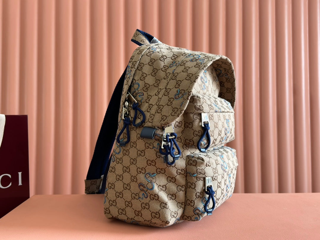 GUCCI BACKPACK 40 IN BEIGE AND BROWN CANVAS BLUE SNAKE EMBROIDERY