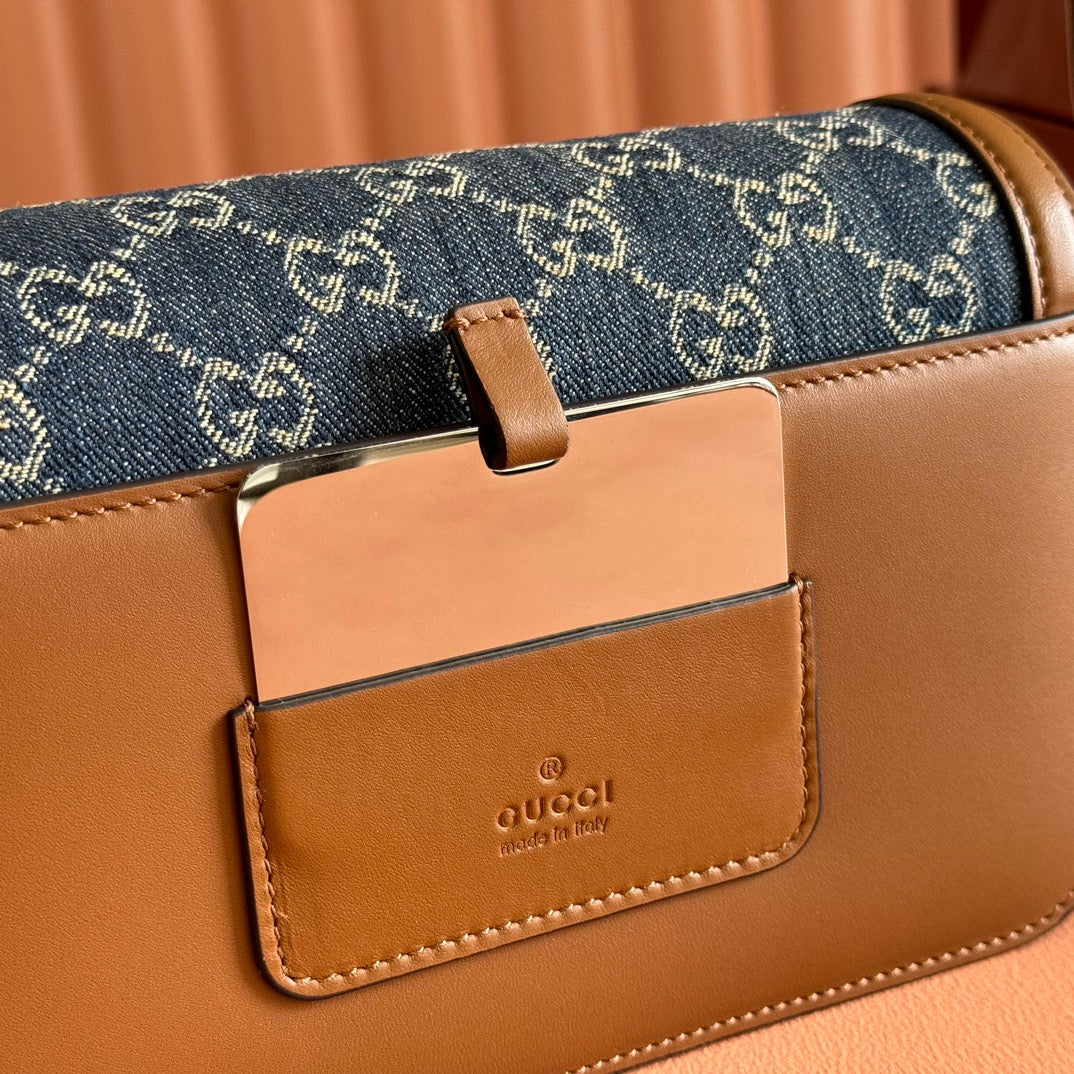 GUCCI GO SMALL SHOULDER BAG 21.5 IN BLUE DENIM BROWN CALFSKIN