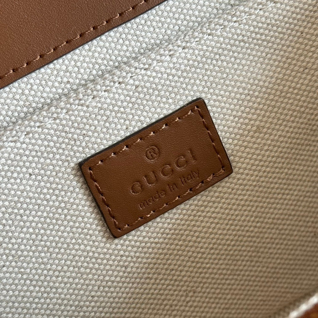 GUCCI GO SMALL SHOULDER BAG 21.5 IN BLUE DENIM BROWN CALFSKIN
