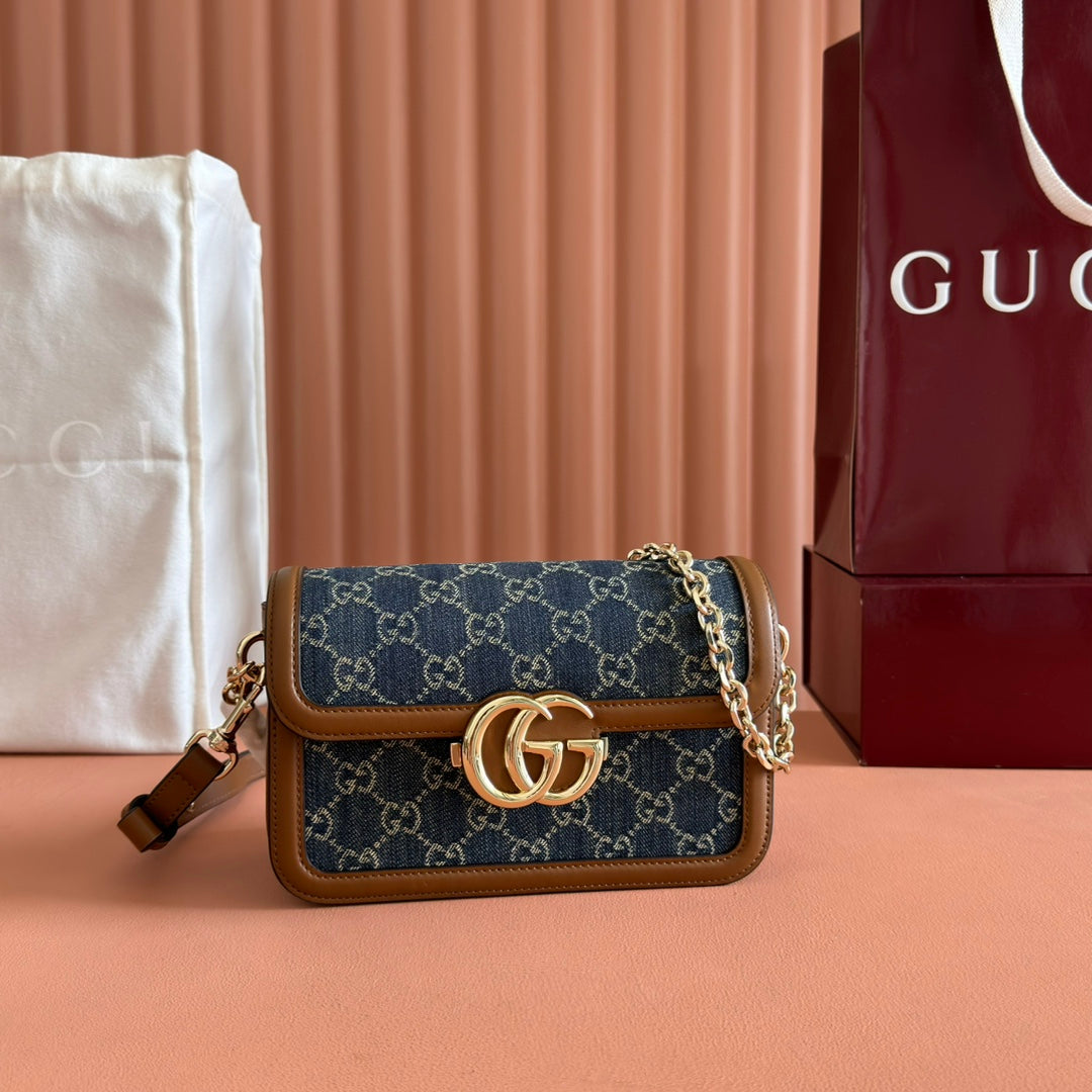 GUCCI GO SMALL SHOULDER BAG 21.5 IN BLUE DENIM BROWN CALFSKIN