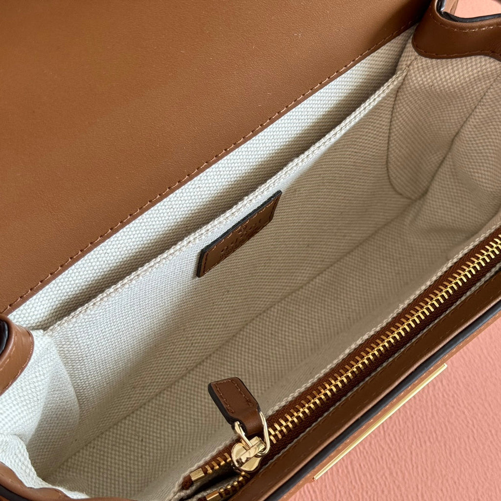 GUCCI GO SMALL SHOULDER BAG 21.5 IN BLUE DENIM BROWN CALFSKIN