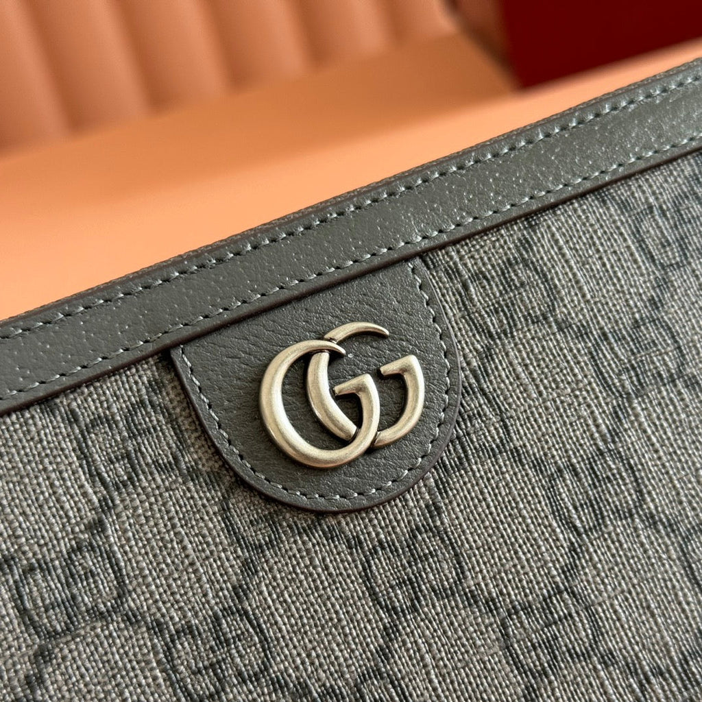 GUCCI OPHIDIA ZIP AROUND WALLET 19 IN DARK GREY COATED FABRIC AND CALFSKIN
