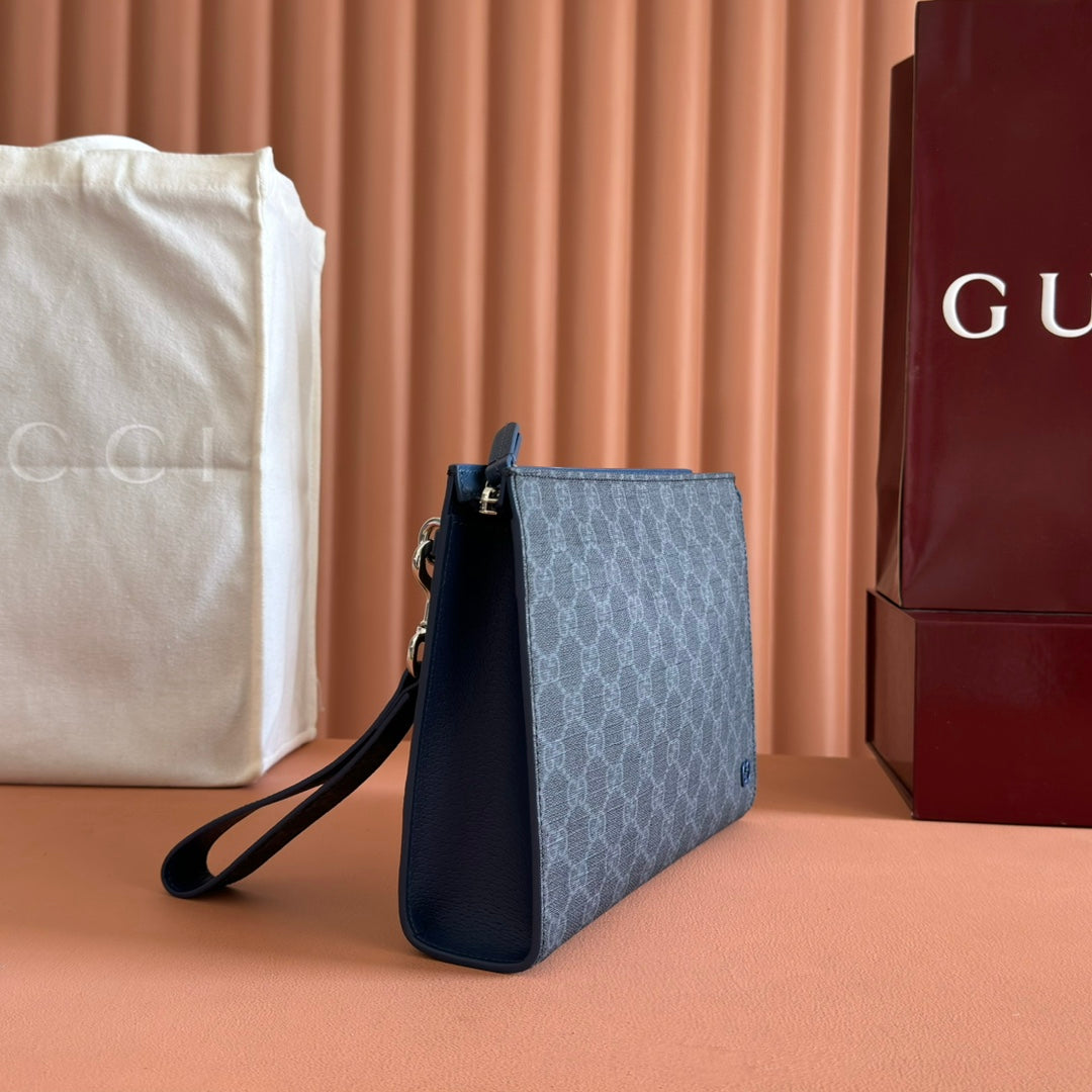 GUCCI OPHIDIA POUCH 26 IN DARK GREY MONOGRAM CANVAS AND NAVY BLUE CALFSKIN TRIM