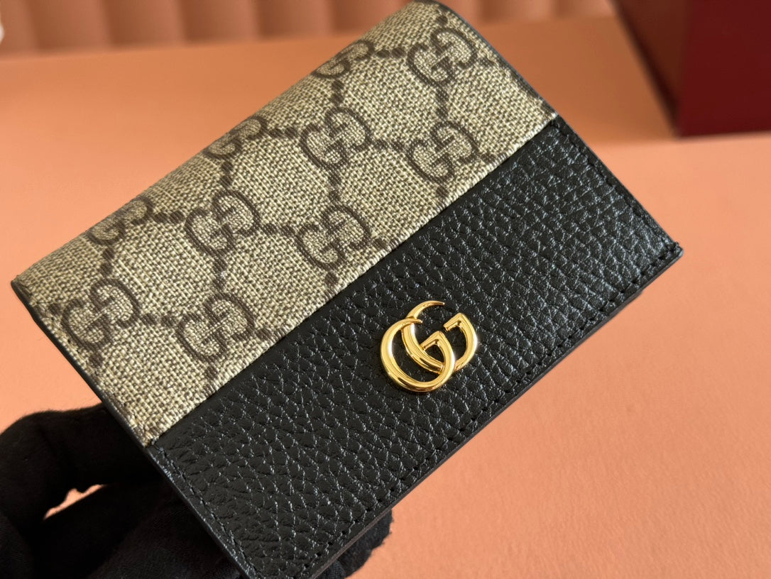 GUCCI MARMONT BI-COLOUR CARD CASE WALLET 11 IN BEIGE EBONY  CANVAS BLACK CALFSKIN