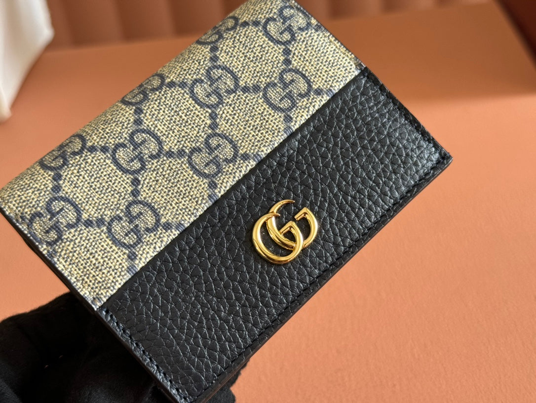 GUCCI MARMONT BI-COLOUR CARD CASE WALLET 11 IN BLUE BEIGE EBONY  CANVAS BLACK CALFSKIN