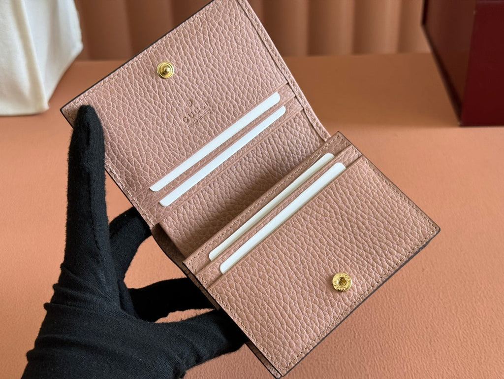 GUCCI MARMONT BI-COLOUR CARD CASE WALLET 11 IN BEIGE EBONY  CANVAS PINK CALFSKIN