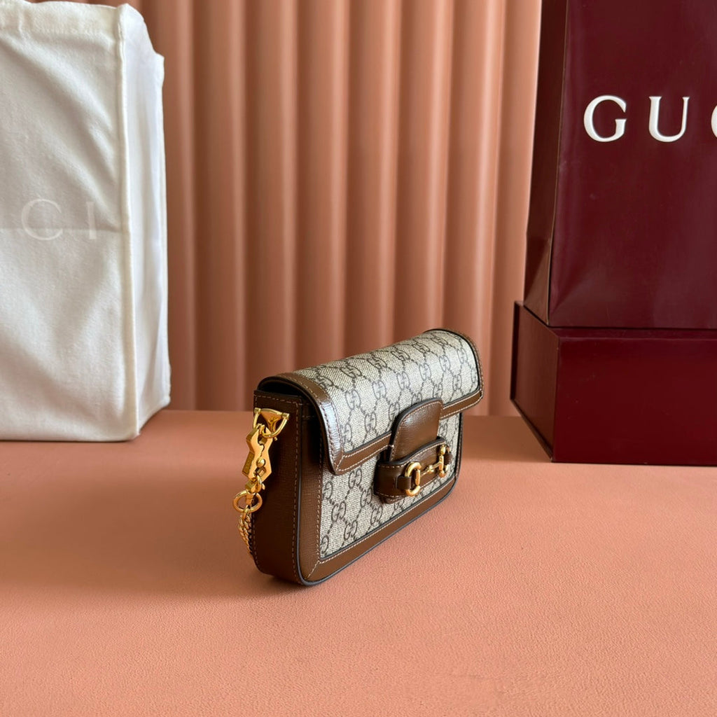 GUCCI HORSEBIT 1955 SMALL 21.5 IN BEIGE EBONY  SUPREME BROWN CALFSKIN GOLD HARDWARE