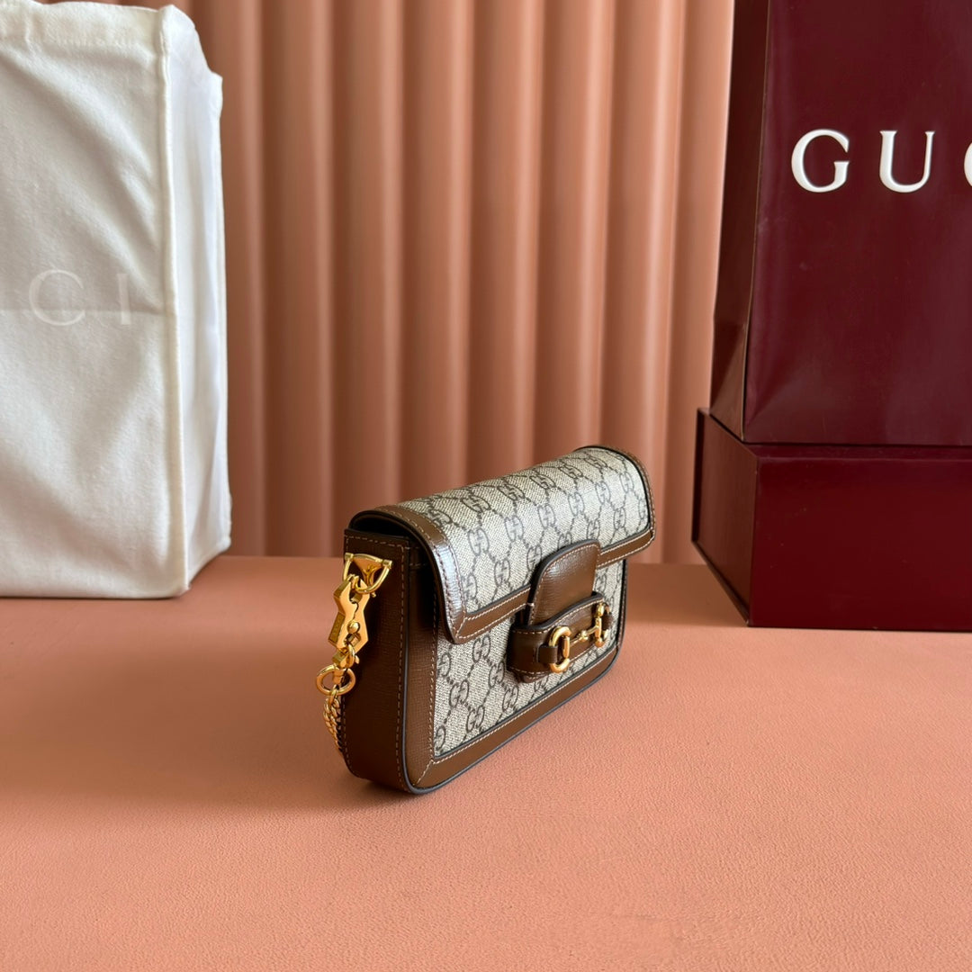 GUCCI HORSEBIT 1955 SMALL 21.5 IN BEIGE EBONY  SUPREME BROWN CALFSKIN GOLD HARDWARE