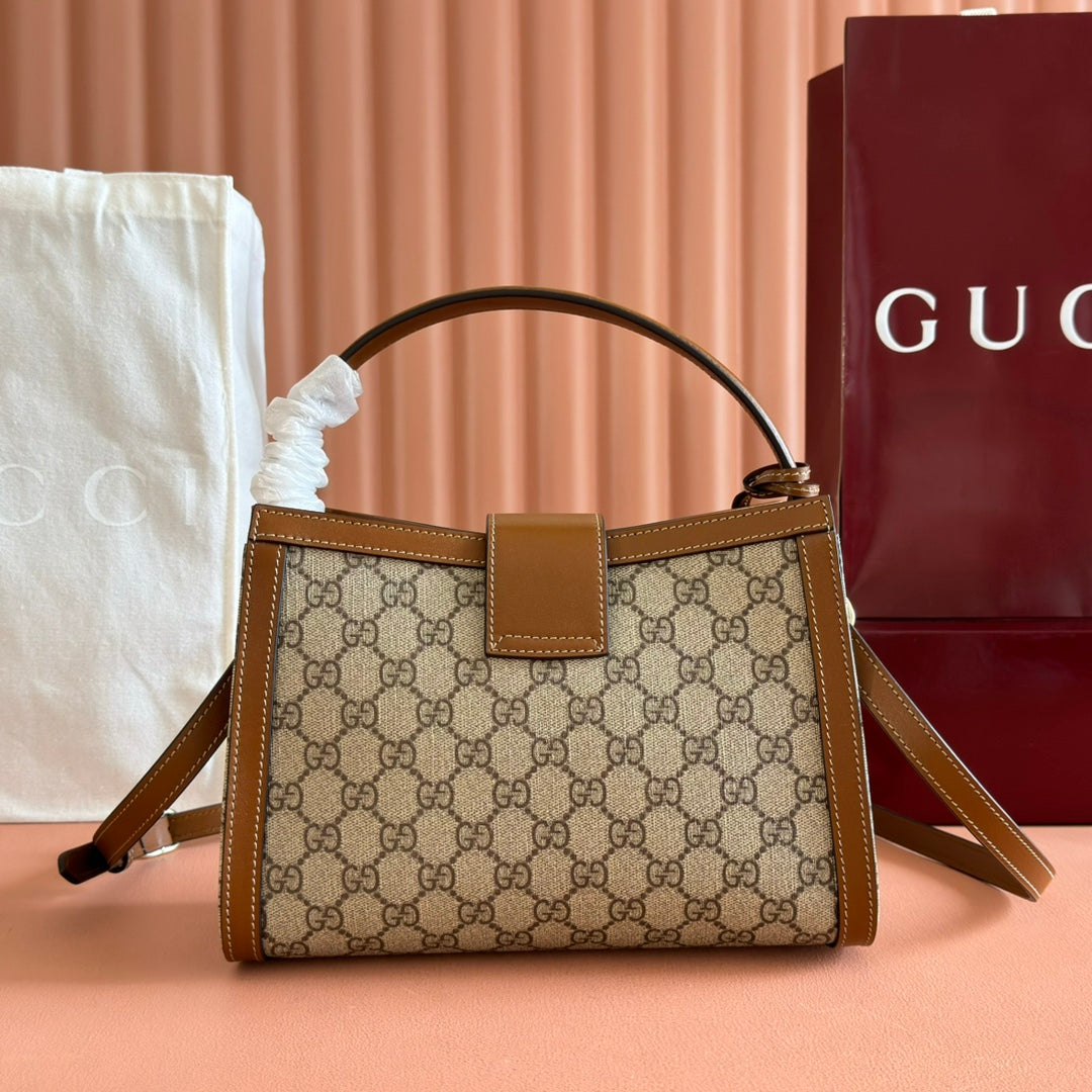 GUCCI 26S PADLOCK TOP HANDLE BAG 25 IN DARK BEIGE AND BROWN CALFSKIN