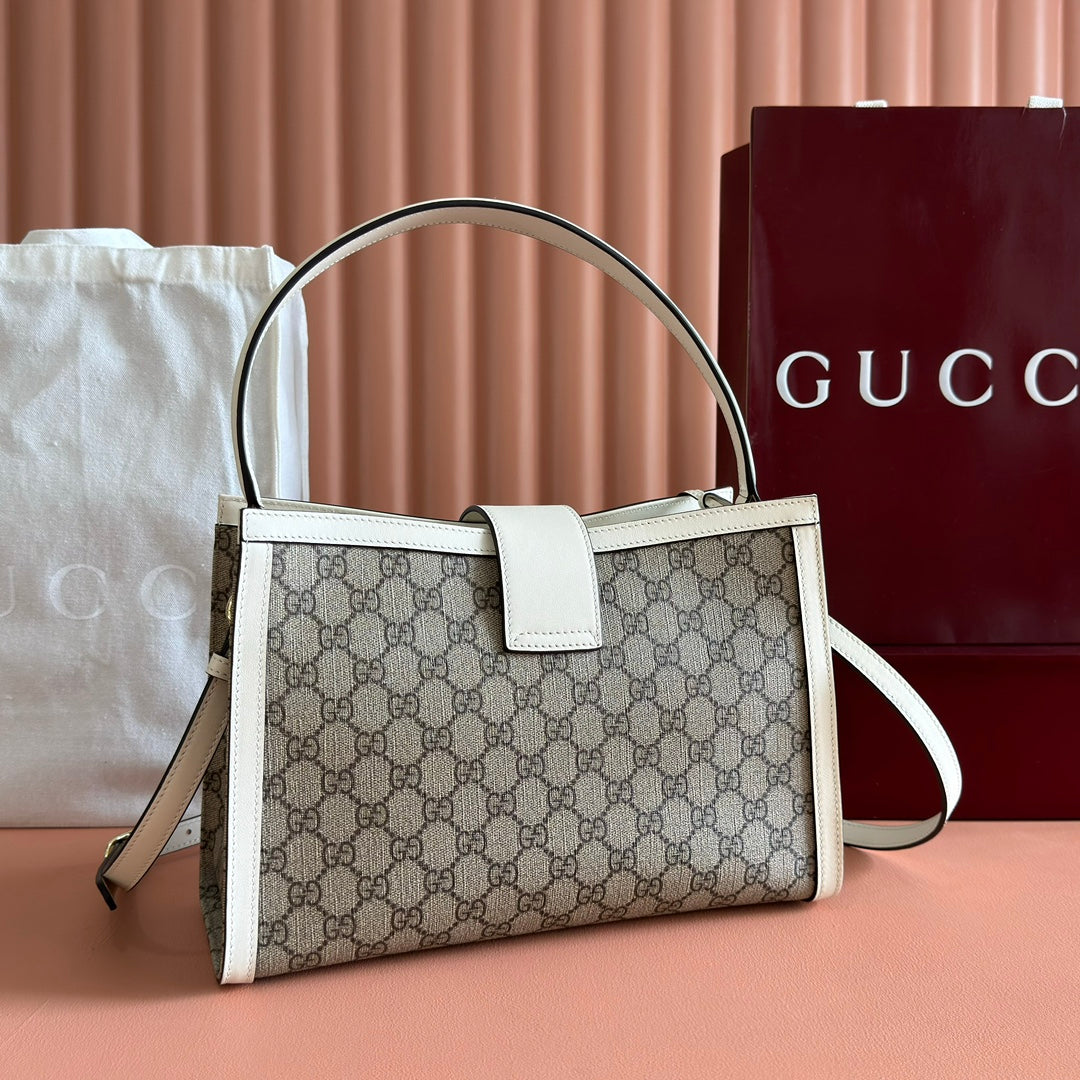 GUCCI 26S PADLOCK SHOULDER BAG 29 IN DARK BEIGE AND WHITE CALFSKIN
