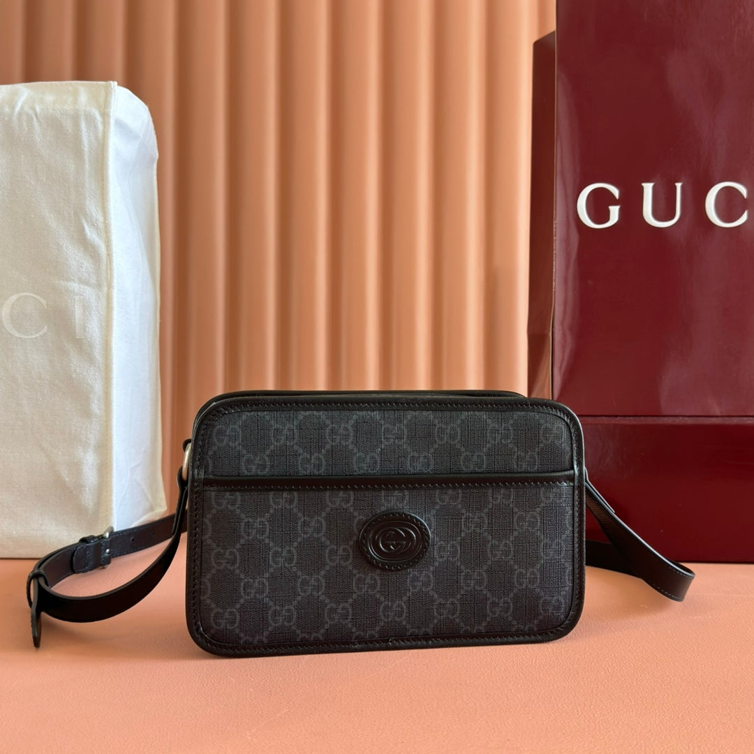 GUCCI MINI BAG 22 GREY AND BLACK WITH INTERLOCKING G IN CANVAS