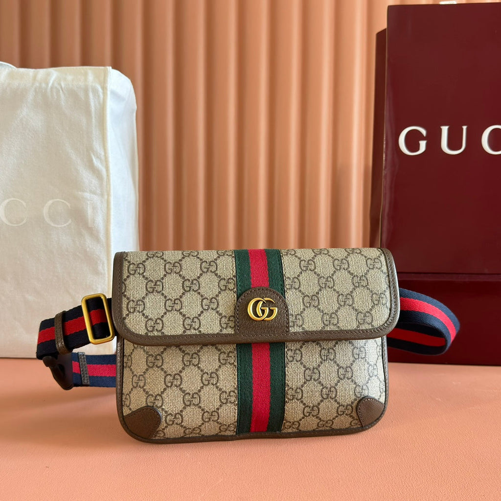 GUCCI OPHIDIA BELT BAG 24 IN BEIGE AND DARK BROWN CANVAS