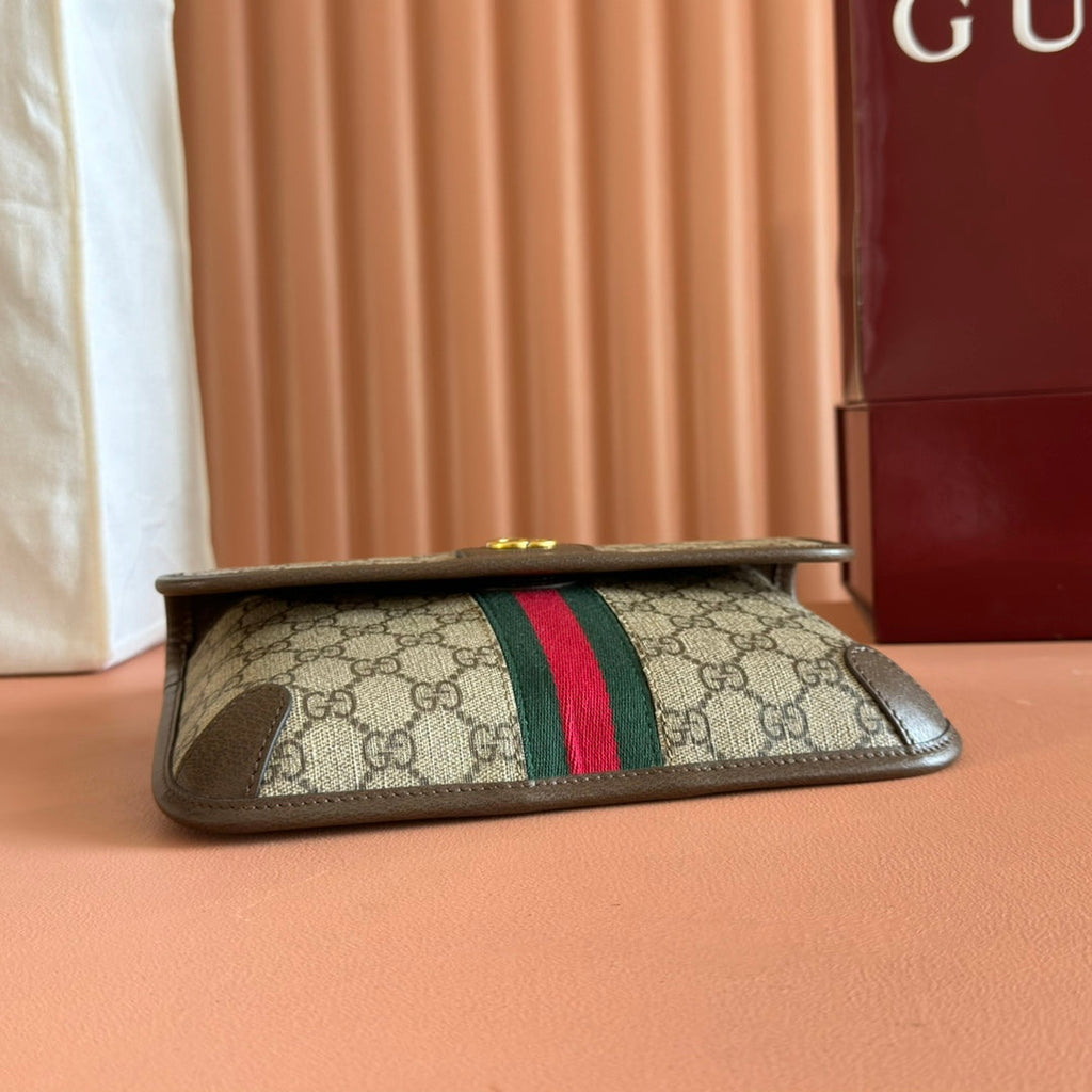 GUCCI OPHIDIA BELT BAG 24 IN BEIGE AND DARK BROWN CANVAS