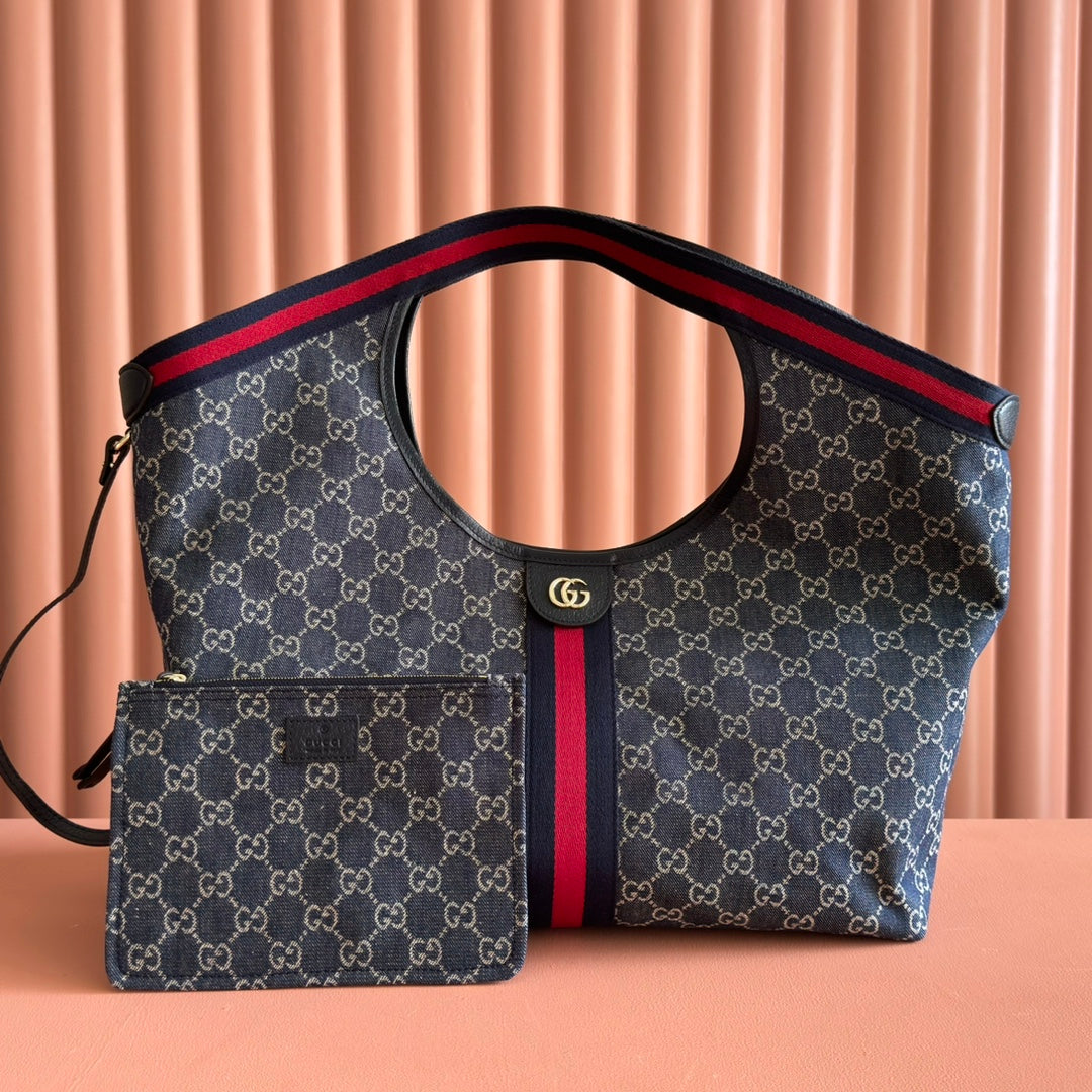 GUCCI GIGLIO LARGE TOTE BAG 60 IN BLUE AND WHITE  DENIM