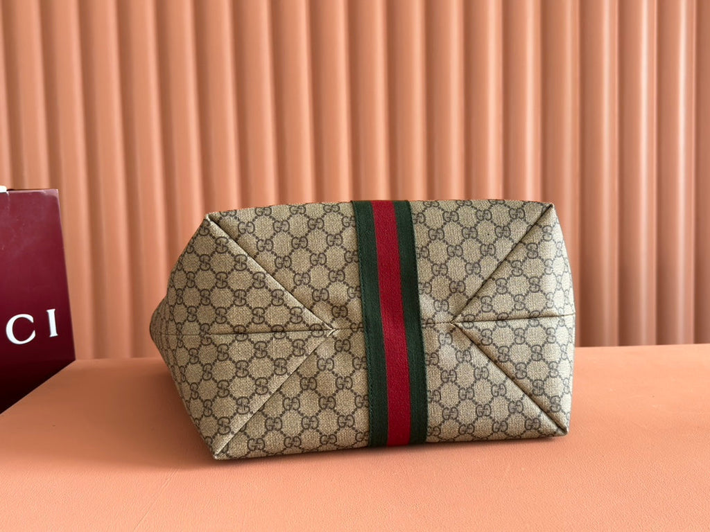 GUCCI OPHIDIA MEDIUM TOTE BAG 31 BEIGE AND DARK BROWN CANVAS