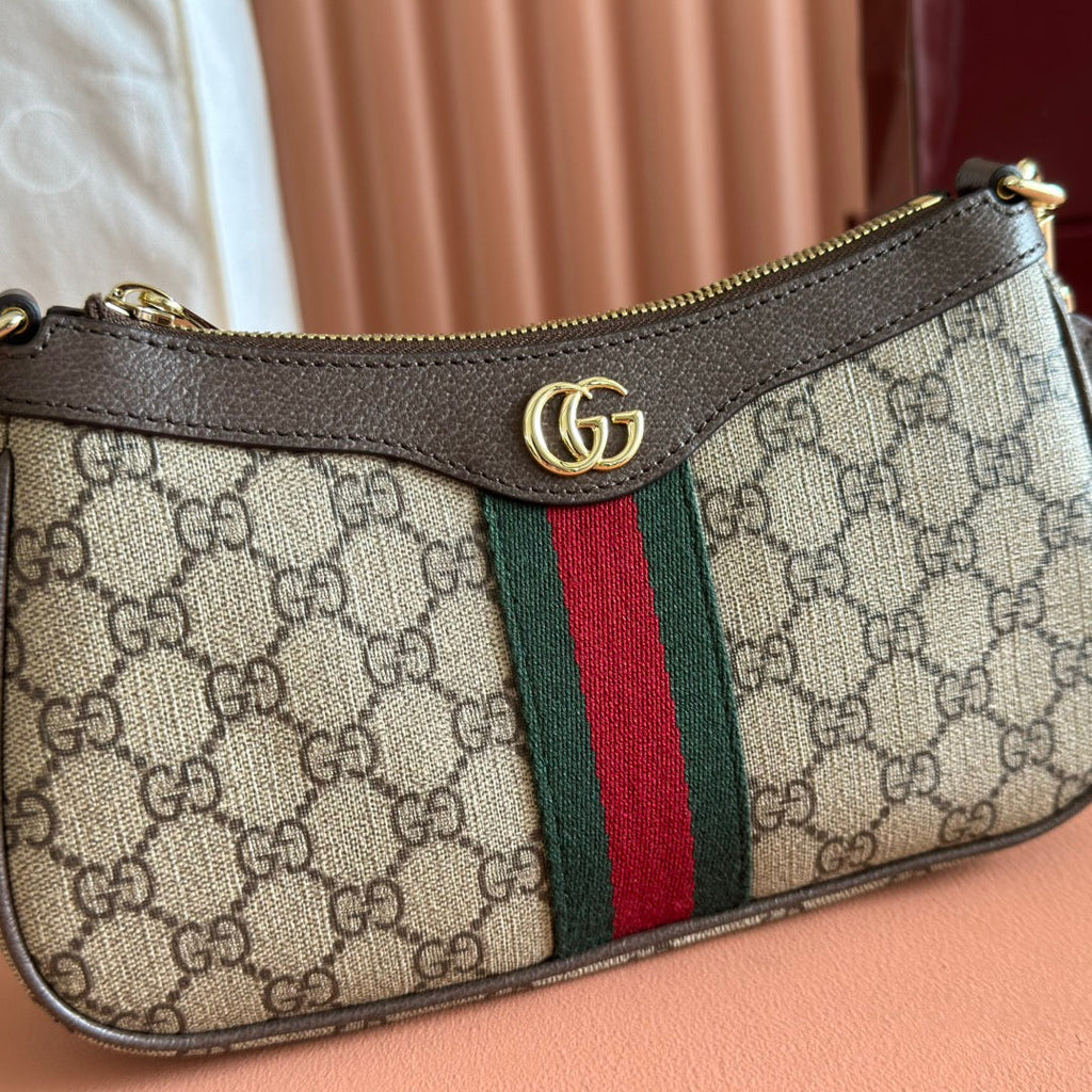 GUCCI OPHIDIA SMALL SHOULDER BAG 26 IN BEIGE AND DARK BROWN CANVAS