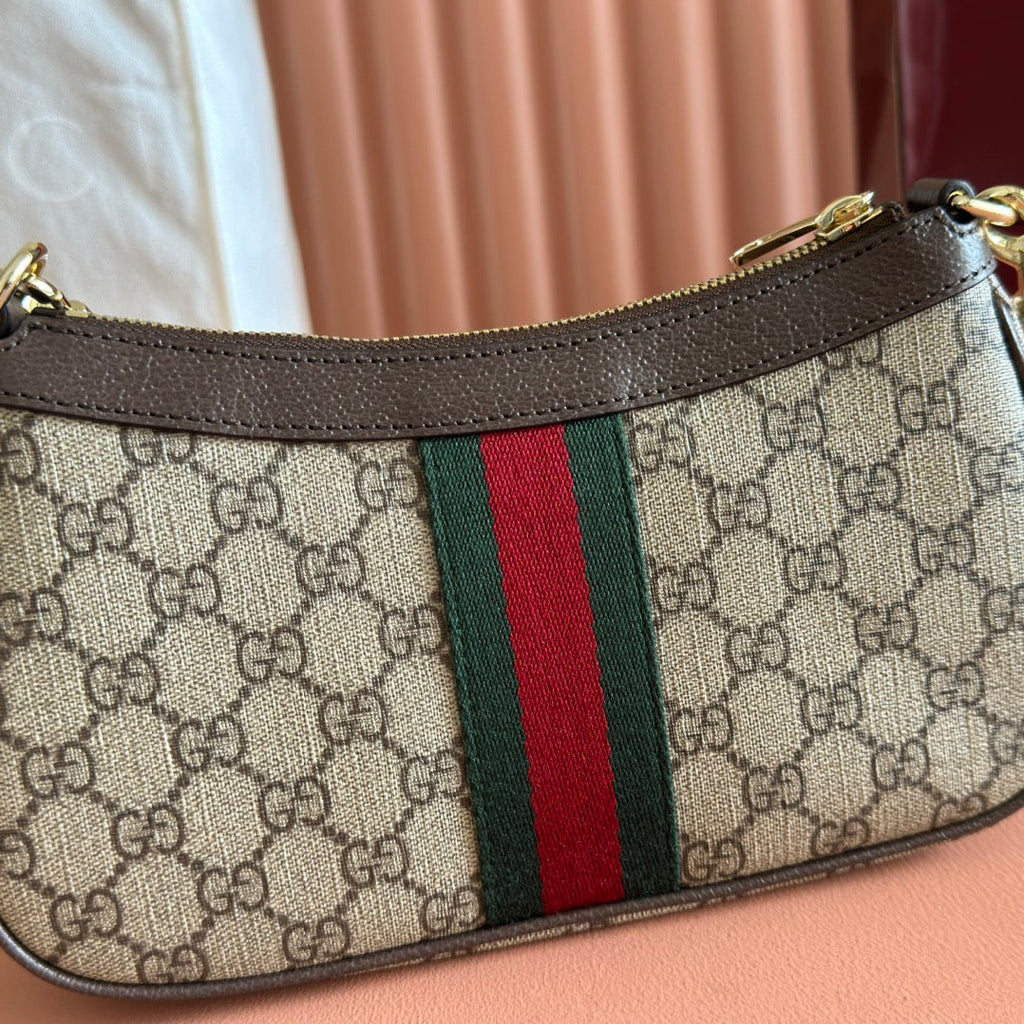 GUCCI OPHIDIA SMALL SHOULDER BAG 26 IN BEIGE AND DARK BROWN CANVAS