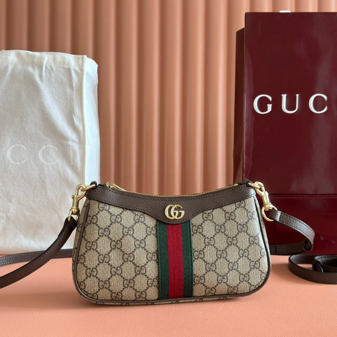 GUCCI OPHIDIA SMALL SHOULDER BAG 26 IN BEIGE AND DARK BROWN CANVAS