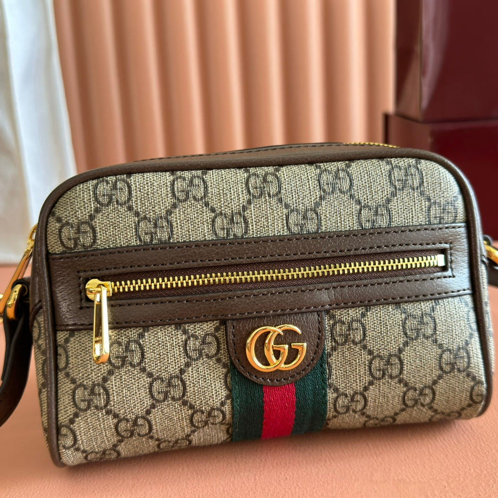GUCCI 25S DESIGNER HANDBAG 18 IN BEIGE CANVAS AND BROWN CALFSKIN