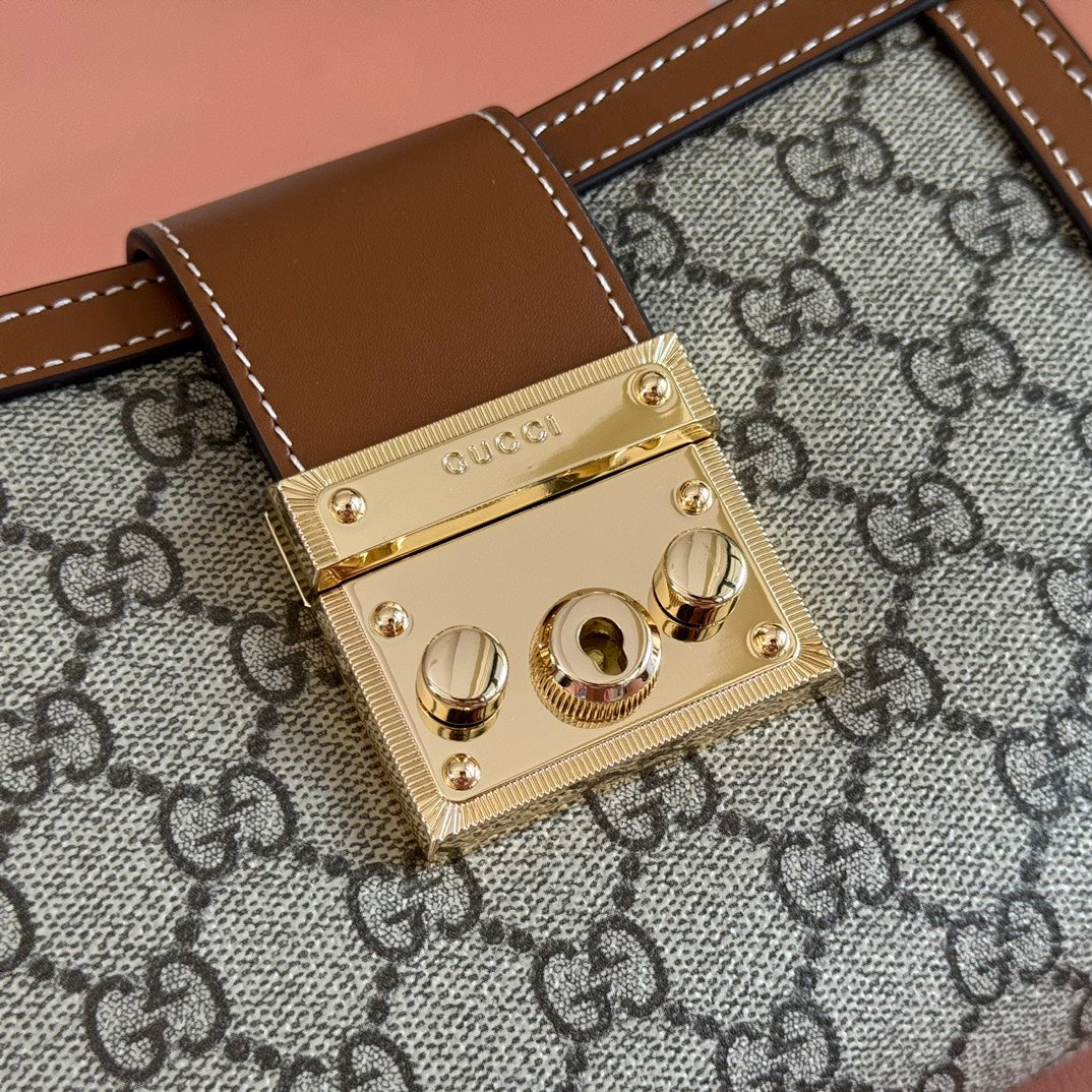 GUCCI 26S PADLOCK TOP HANDLE BAG 31 IN DARK BEIGE AND BROWN CALFSKIN