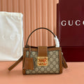 GUCCI 26S PADLOCK TOP HANDLE BAG 31 IN DARK BEIGE AND BROWN CALFSKIN