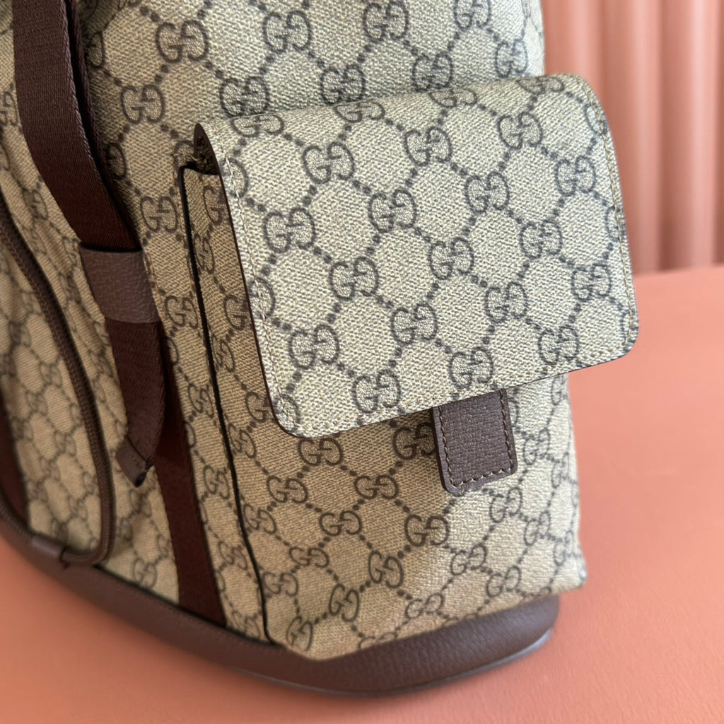 GUCCI 26S OPHIDIA LARGE BACKPACK 46 IN BEIGE AND BROWN CANVAS
