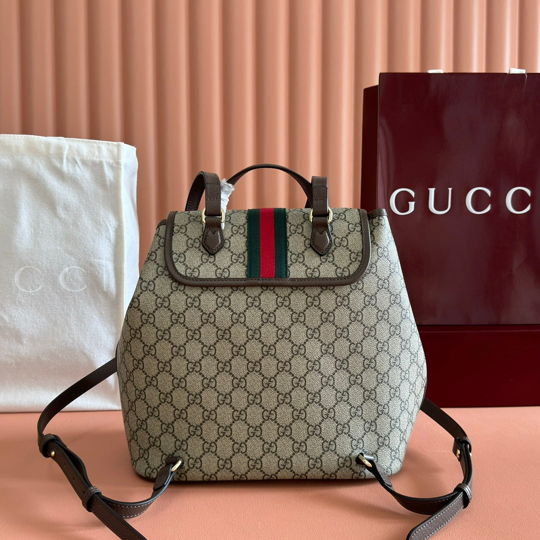 GUCCI 25S OPHIDIA MEDIUM BACKPACK 30 IN BEIGE AND EBONY CALFSKIN