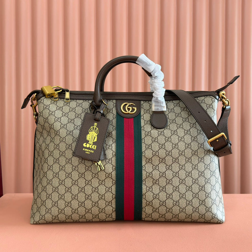 GUCCI 25S SAVOY LARGE BAG 48 IN BEIGE AND EBONY  SUPREME CANVAS