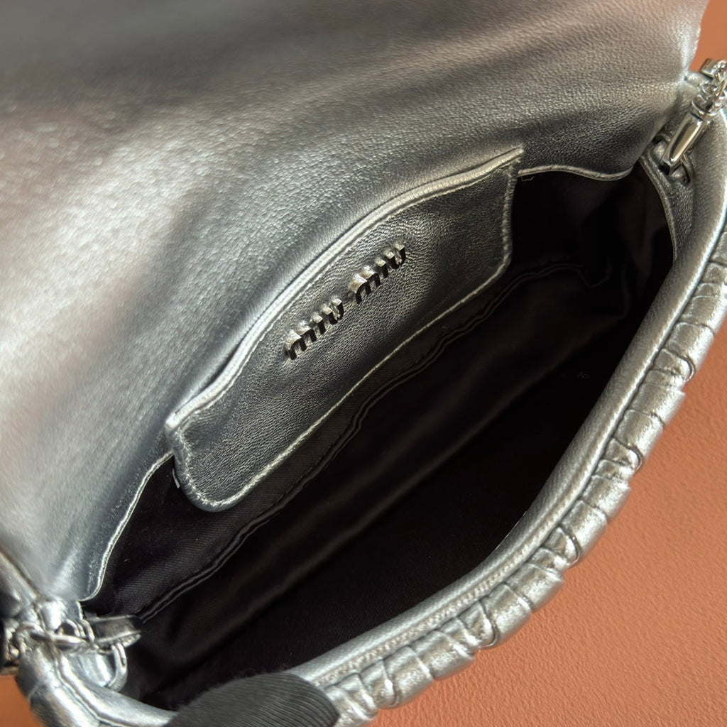 MIUMIU 26S MATELASSE MINI BAG 18 IN SILVER CALFSKIN SILVER HARDWARE