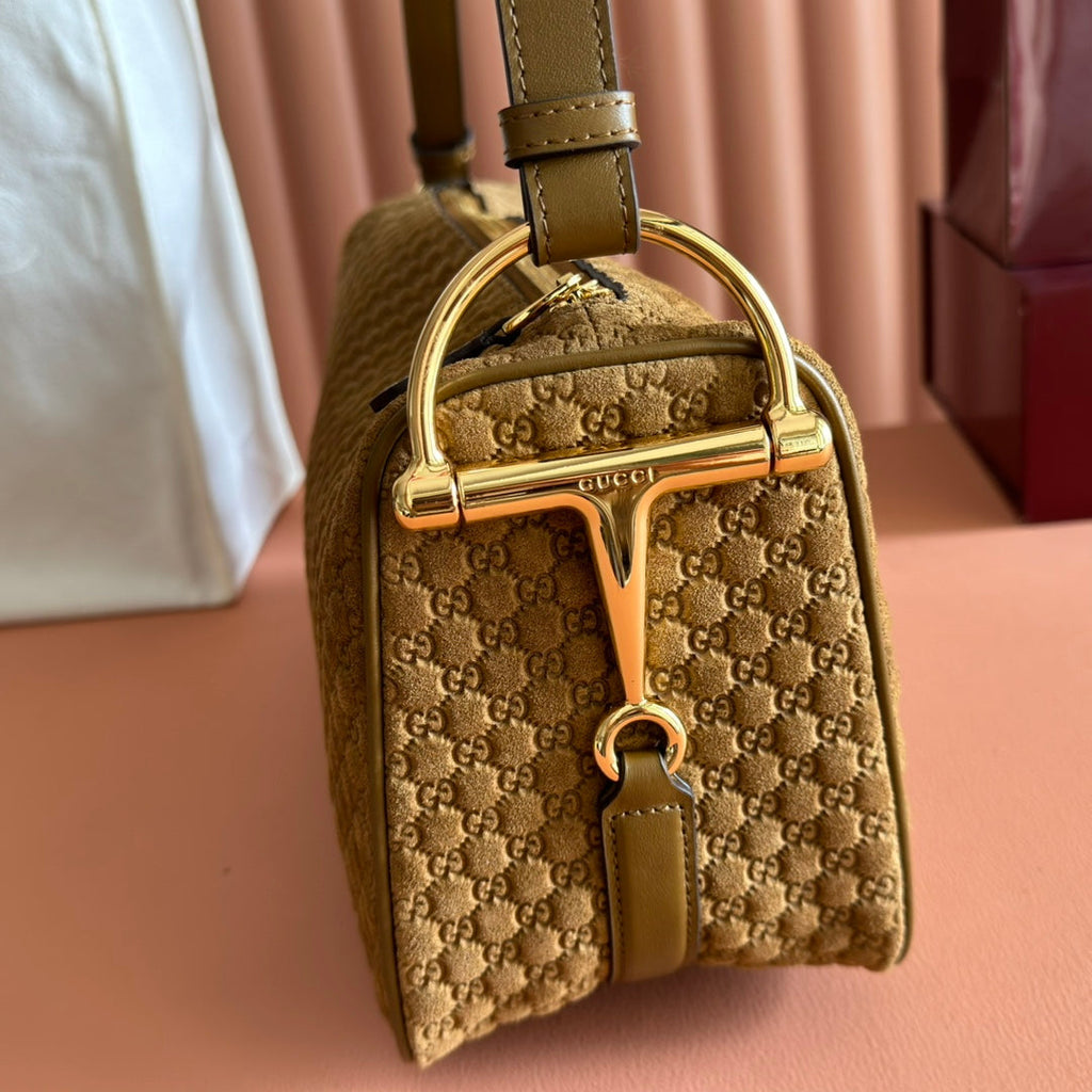 GUCCI 26S SHOULDER BAG 31 IN BROWN EMBOSSED SUEDE