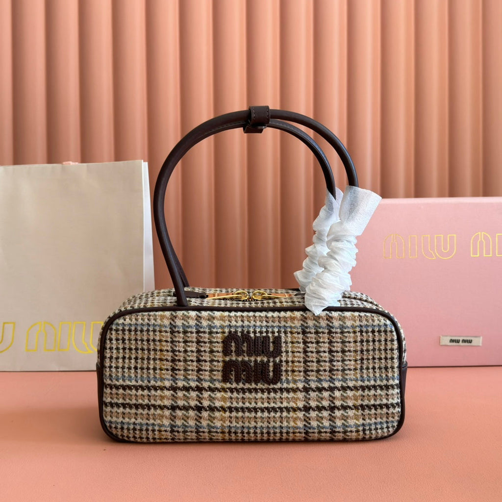 MIUMIU 26S BEAU CANVAS BAG 28 IN MULTICOLOR WOOL AND BROWN CALFSKIN