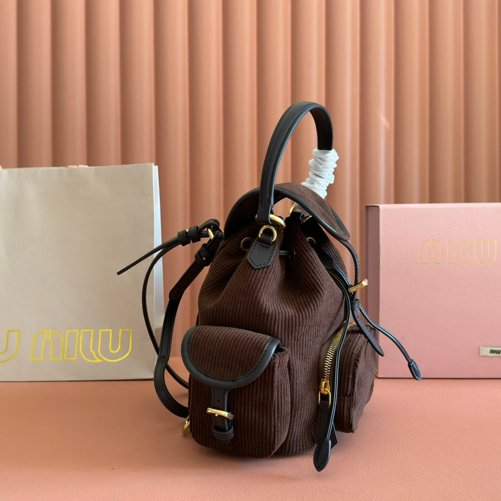 MIUMIU 26S BACKPACK 22 IN CHOCOLATE BROWN CANVAS BLACK CALFSKIN