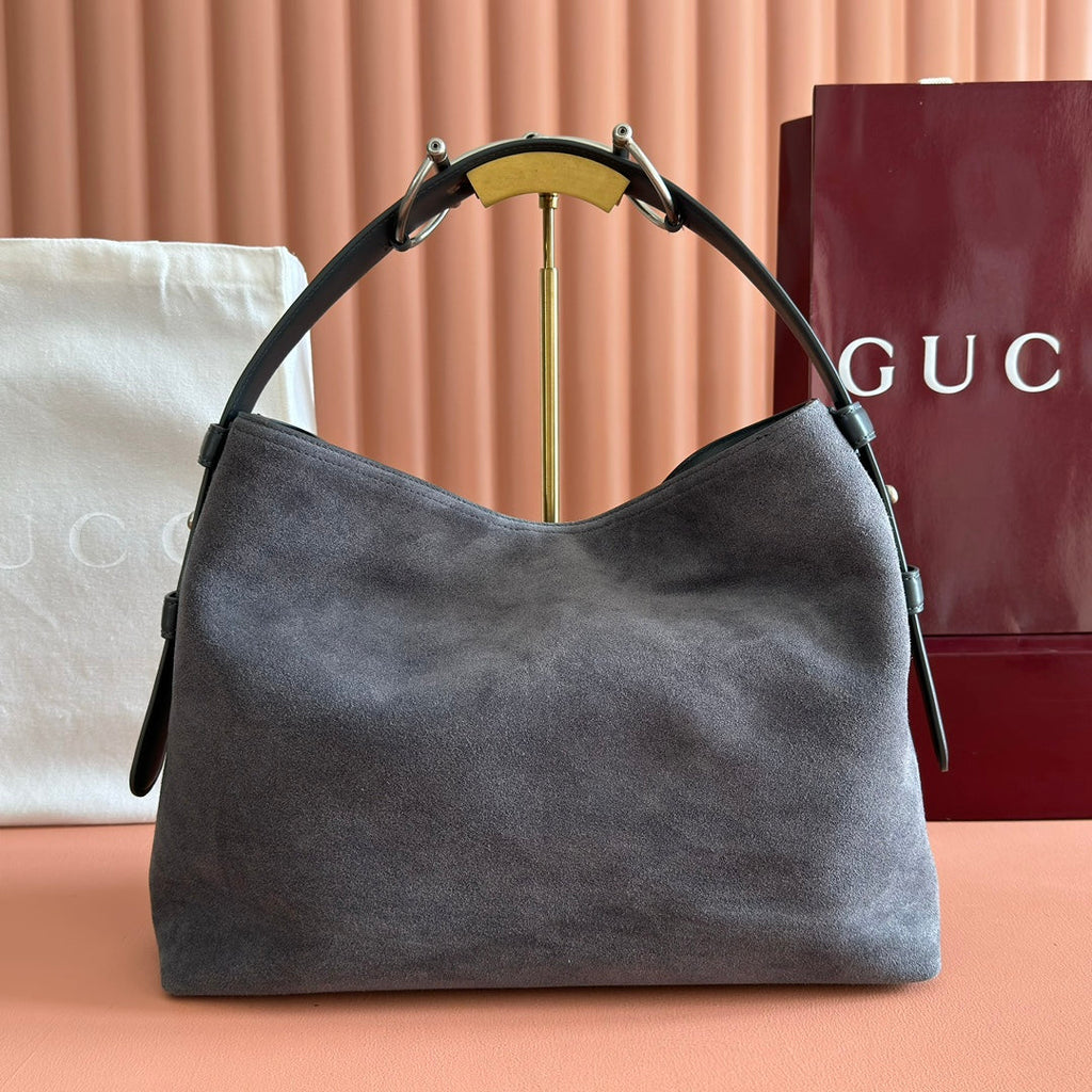 GUCCI 26S TOP HANDLE BAG 35 IN DARK GREY SUEDE