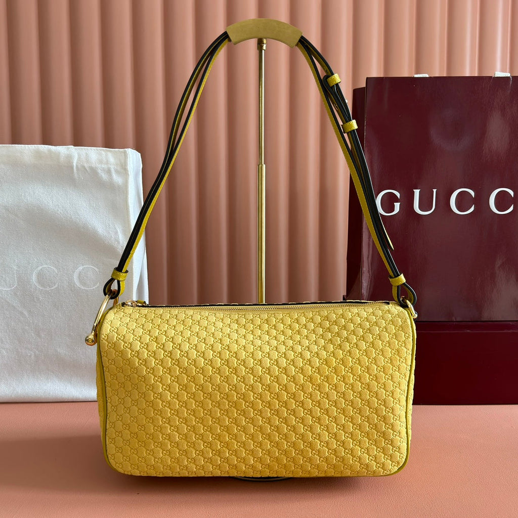 GUCCI 26S SHOULDER BAG 31 IN YELLOW EMBOSSED SUEDE