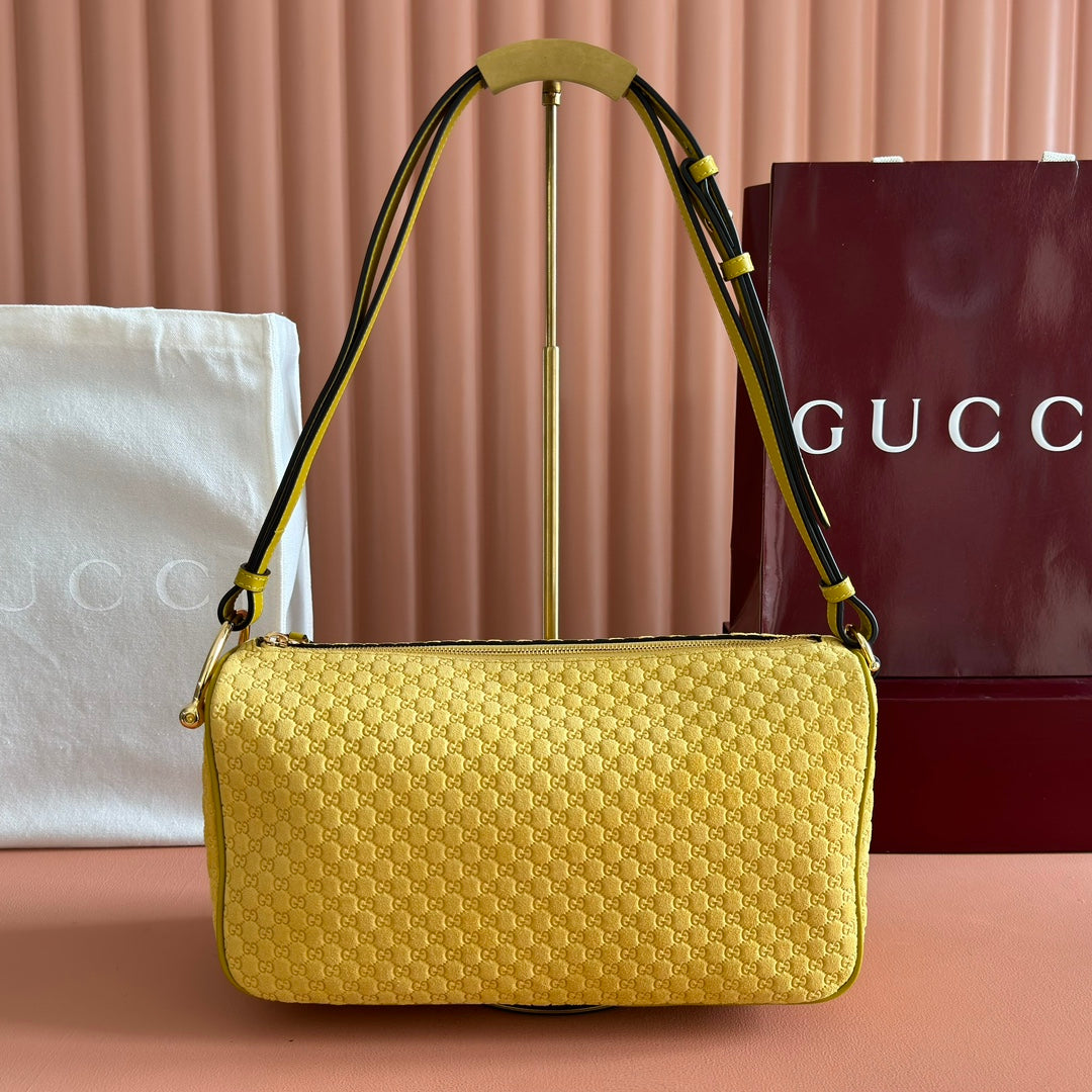 GUCCI 26S SHOULDER BAG 31 IN YELLOW EMBOSSED SUEDE