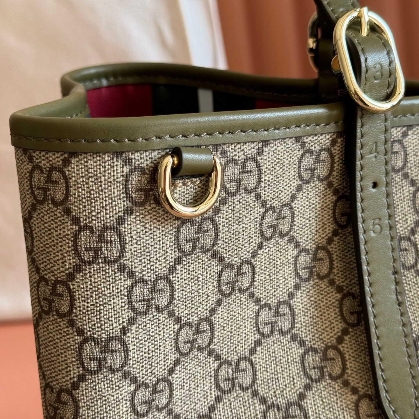 GUCCI 26S TOTE BAG 38 IN DARK BEIGE AND MOSS GREEN CANVAS
