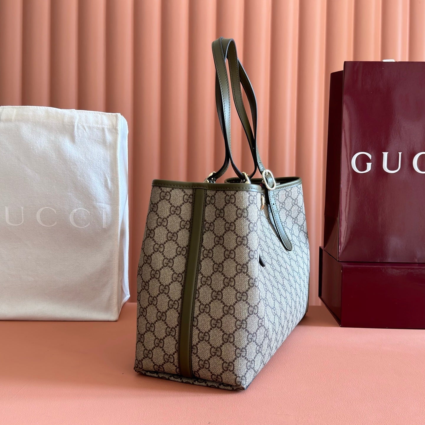 GUCCI 26S TOTE BAG 38 IN DARK BEIGE AND MOSS GREEN CANVAS