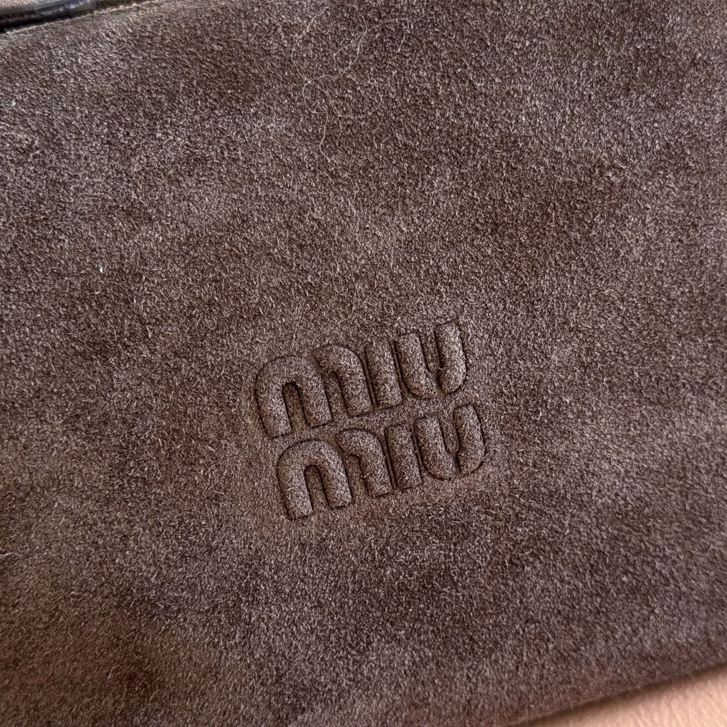 MIUMIU 26S CORDUROY POUCH BAG 25 IN CHOCOLATE BROWN SUEDE GOLD HARDWARE