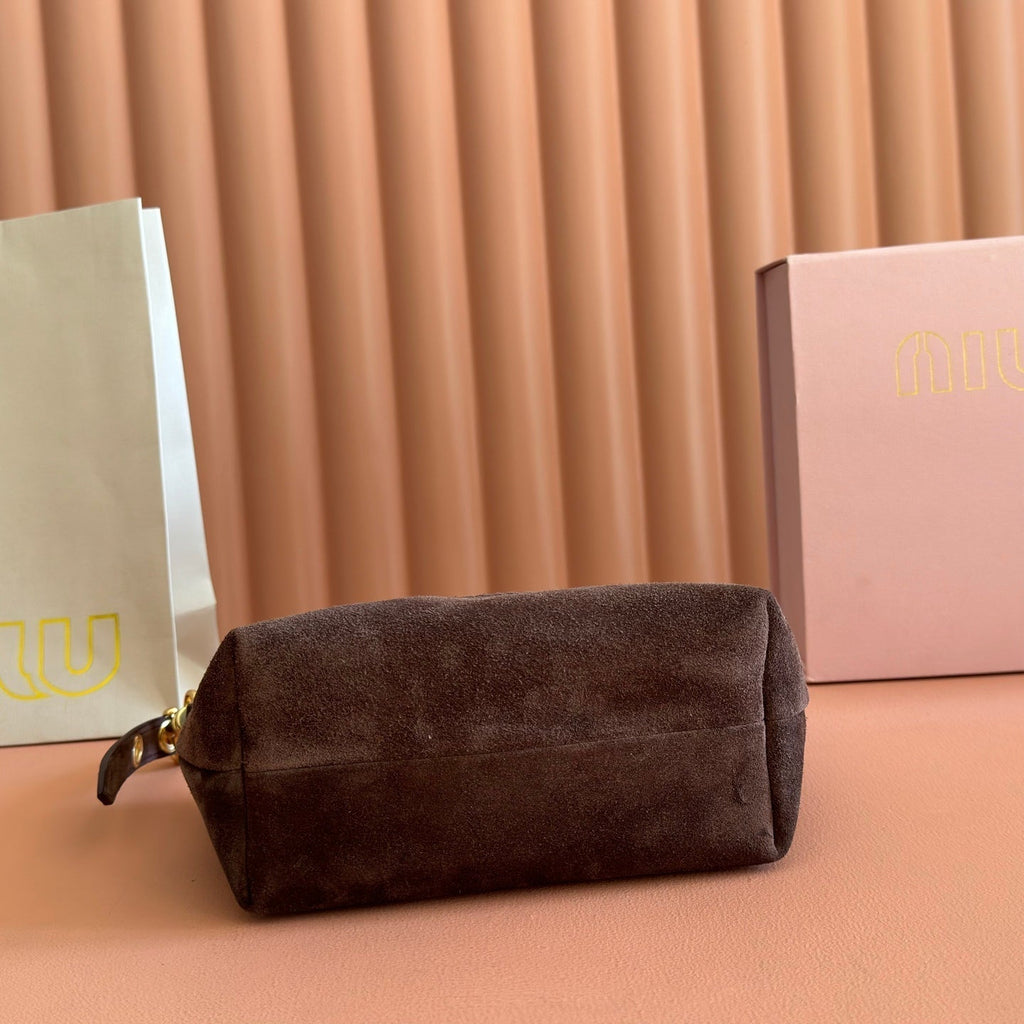 MIUMIU 26S CORDUROY POUCH BAG 25 IN CHOCOLATE BROWN SUEDE GOLD HARDWARE