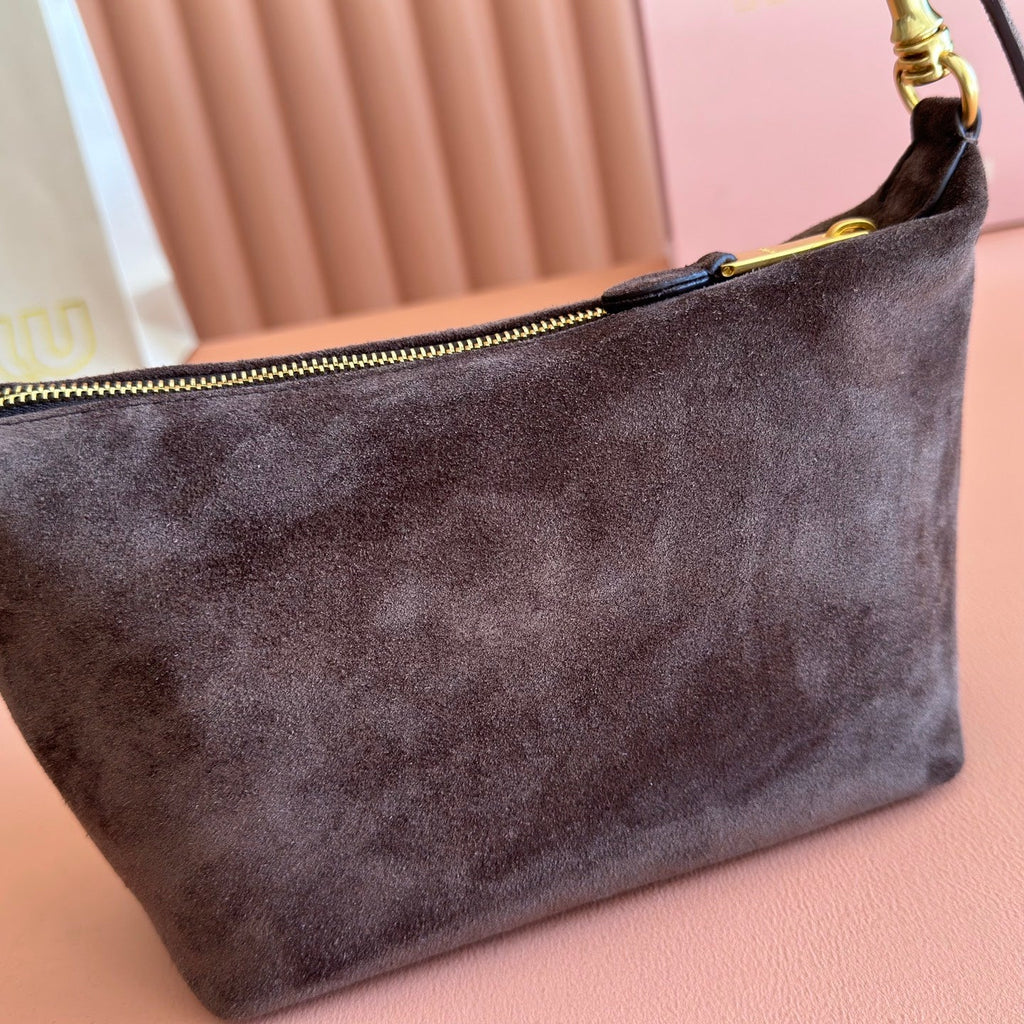 MIUMIU 26S CORDUROY POUCH BAG 25 IN CHOCOLATE BROWN SUEDE GOLD HARDWARE
