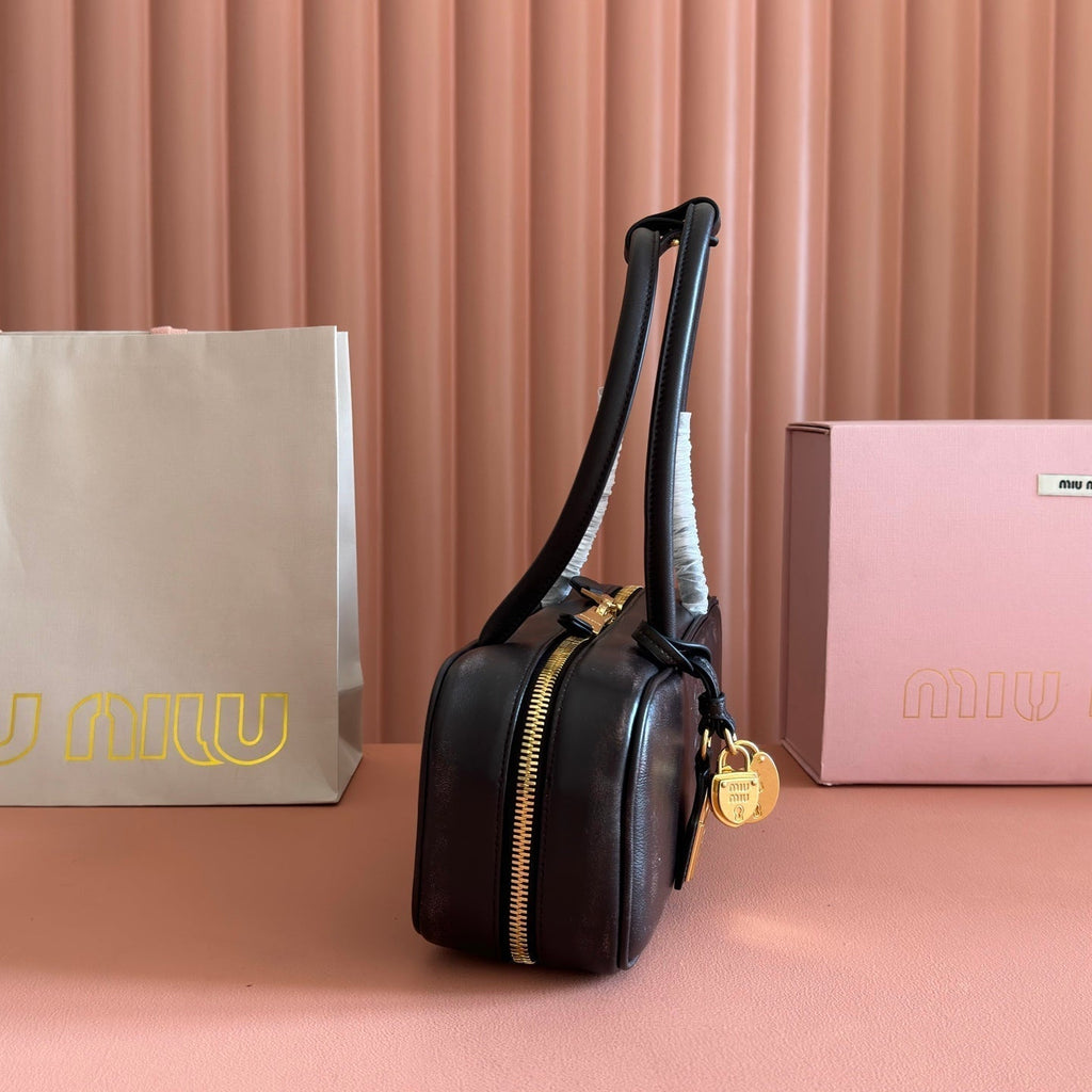 MIUMIU 26S BEAU TOP HANDLE BAG 28 IN BLACK CALFSKIN GOLD HARDWARE