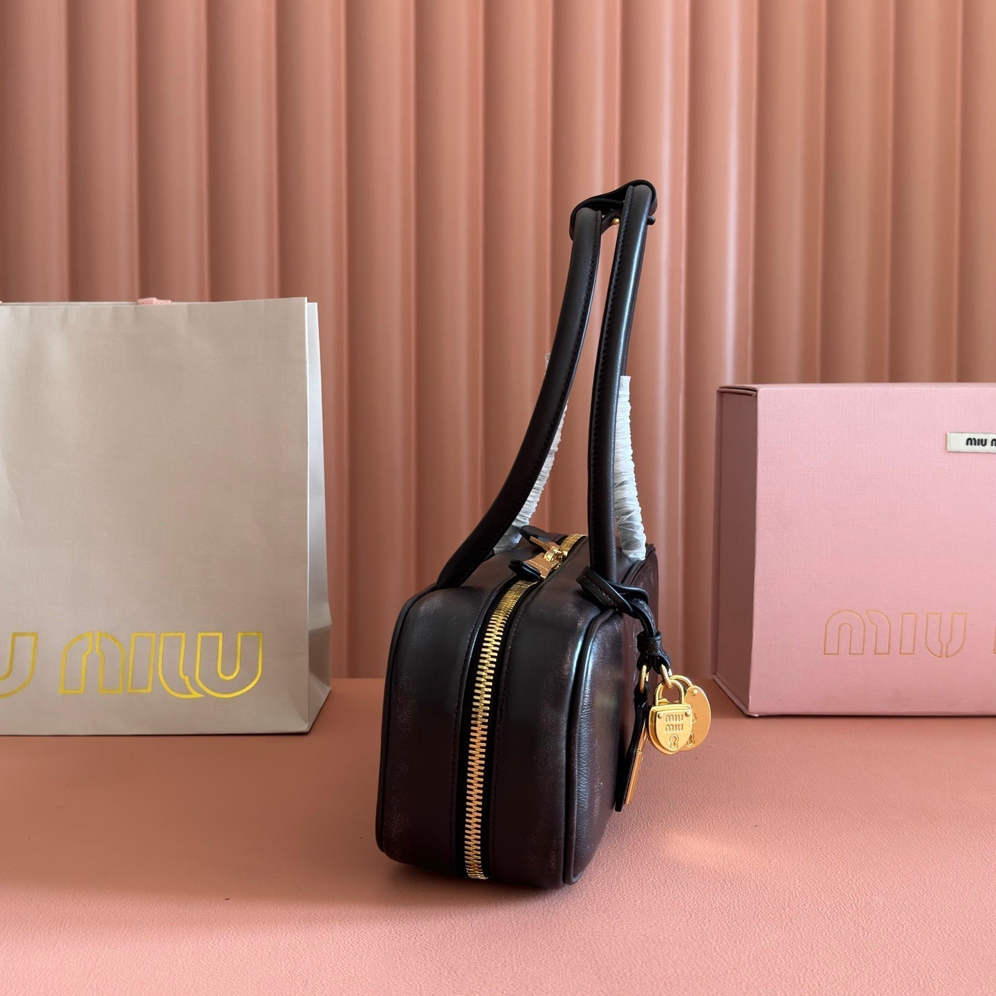 MIUMIU 26S BEAU TOP HANDLE BAG 28 IN BLACK CALFSKIN GOLD HARDWARE